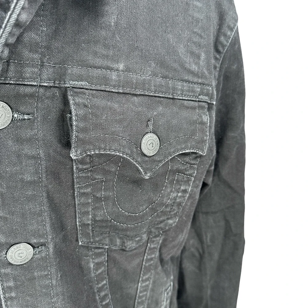 True Religion Mens‎ Black Denim Trucker Jacket Western Button Faded Black L